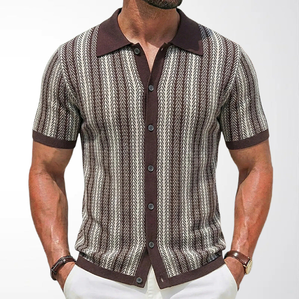 Men's Short-Sleeve Striped Knitted Cardigan Polo Shirt