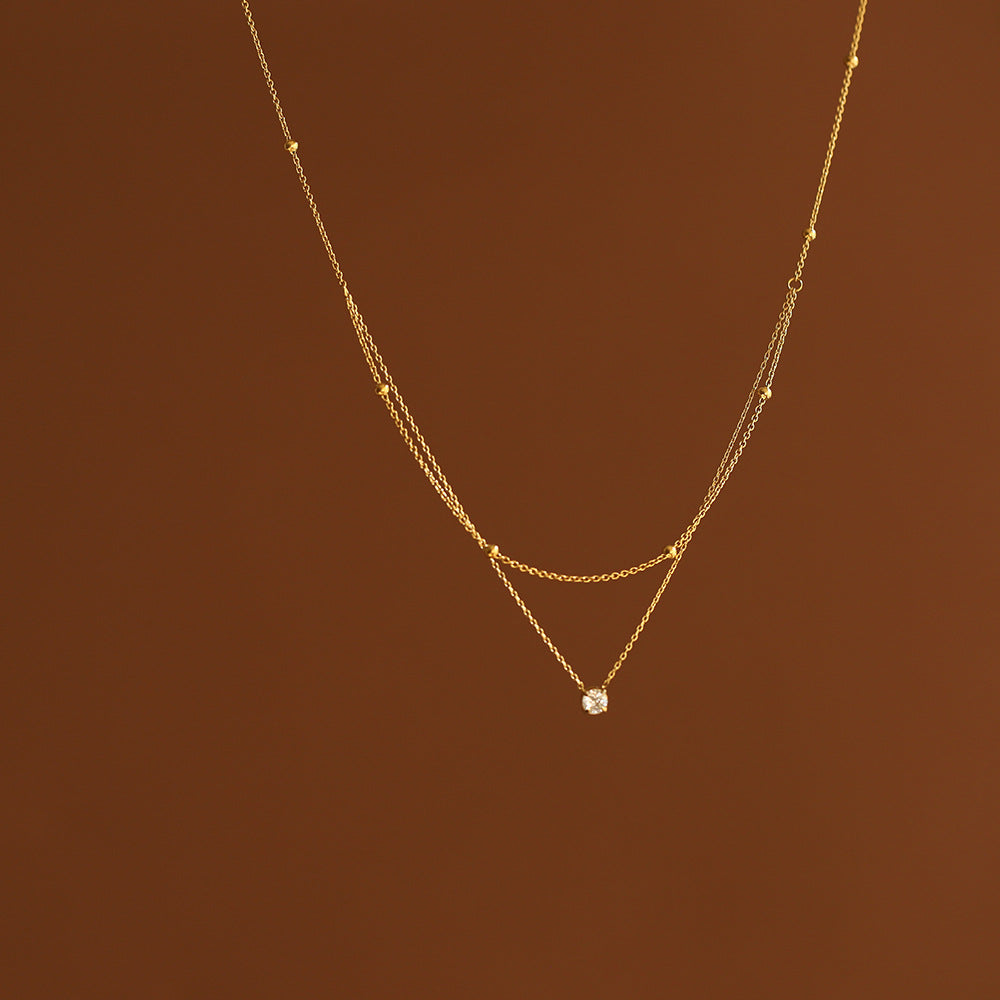 Exquisite Solitaire Double-layer Necklace With Gold Beads Perfect As A Collarbone Chain
