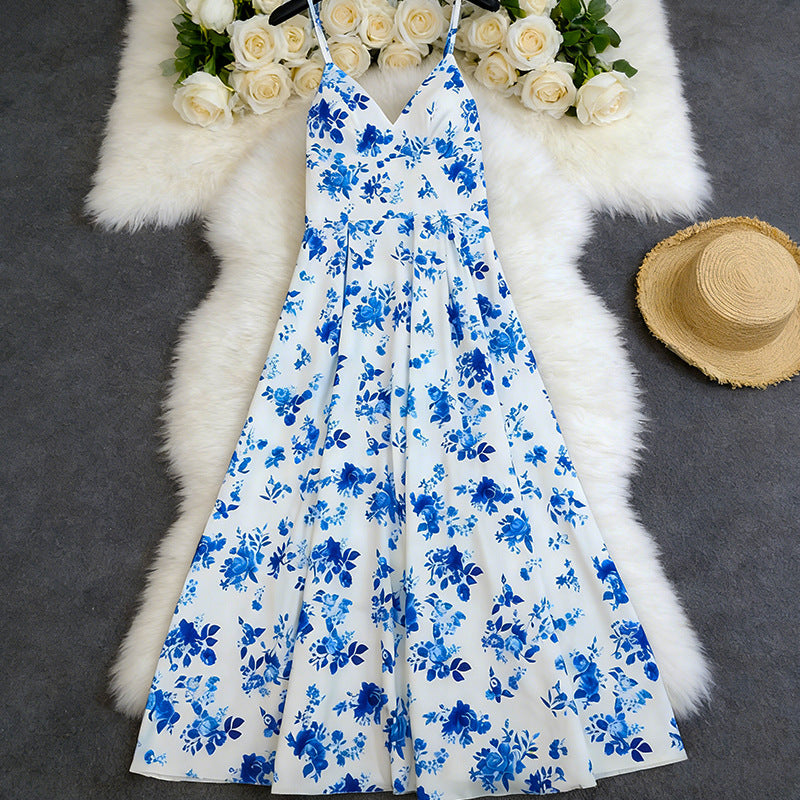 Spring New Womens Printed Waist-Cinching Formal Slip Dress