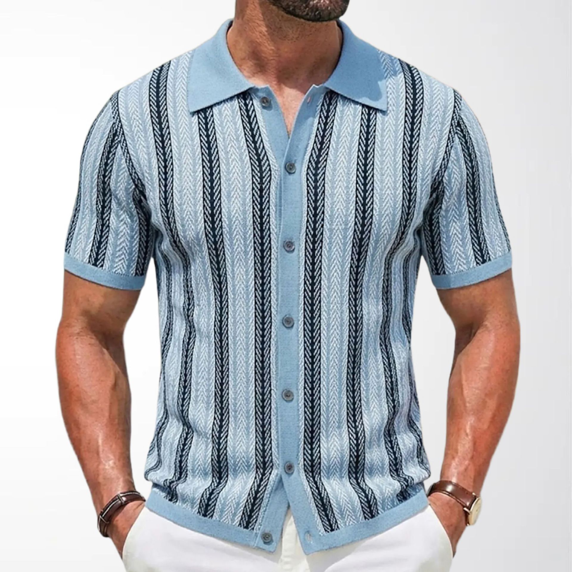 Men's Short-Sleeve Striped Knitted Cardigan Polo Shirt