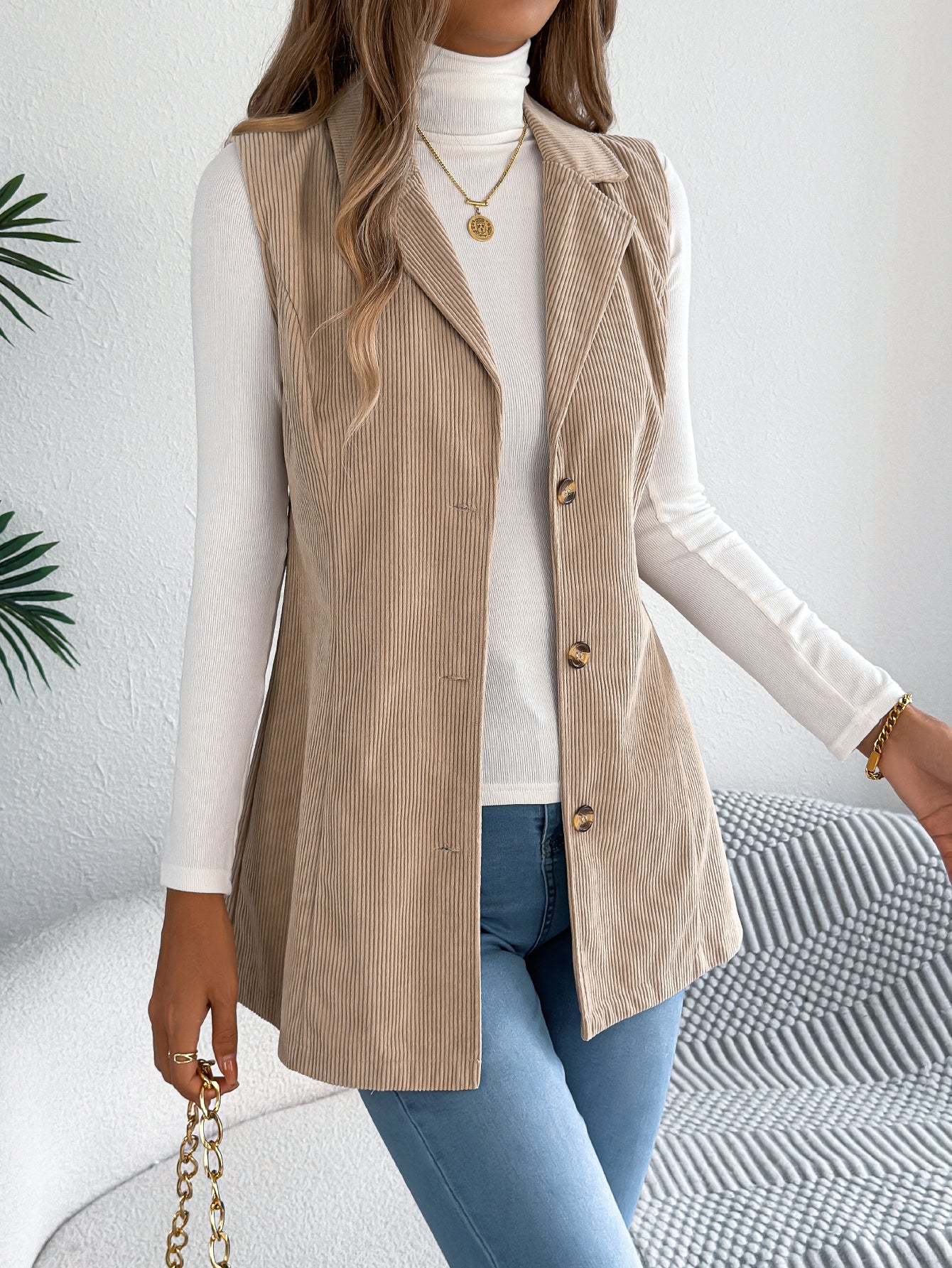 Women's Casual Blazer Lapel Corduroy Vest Jacket