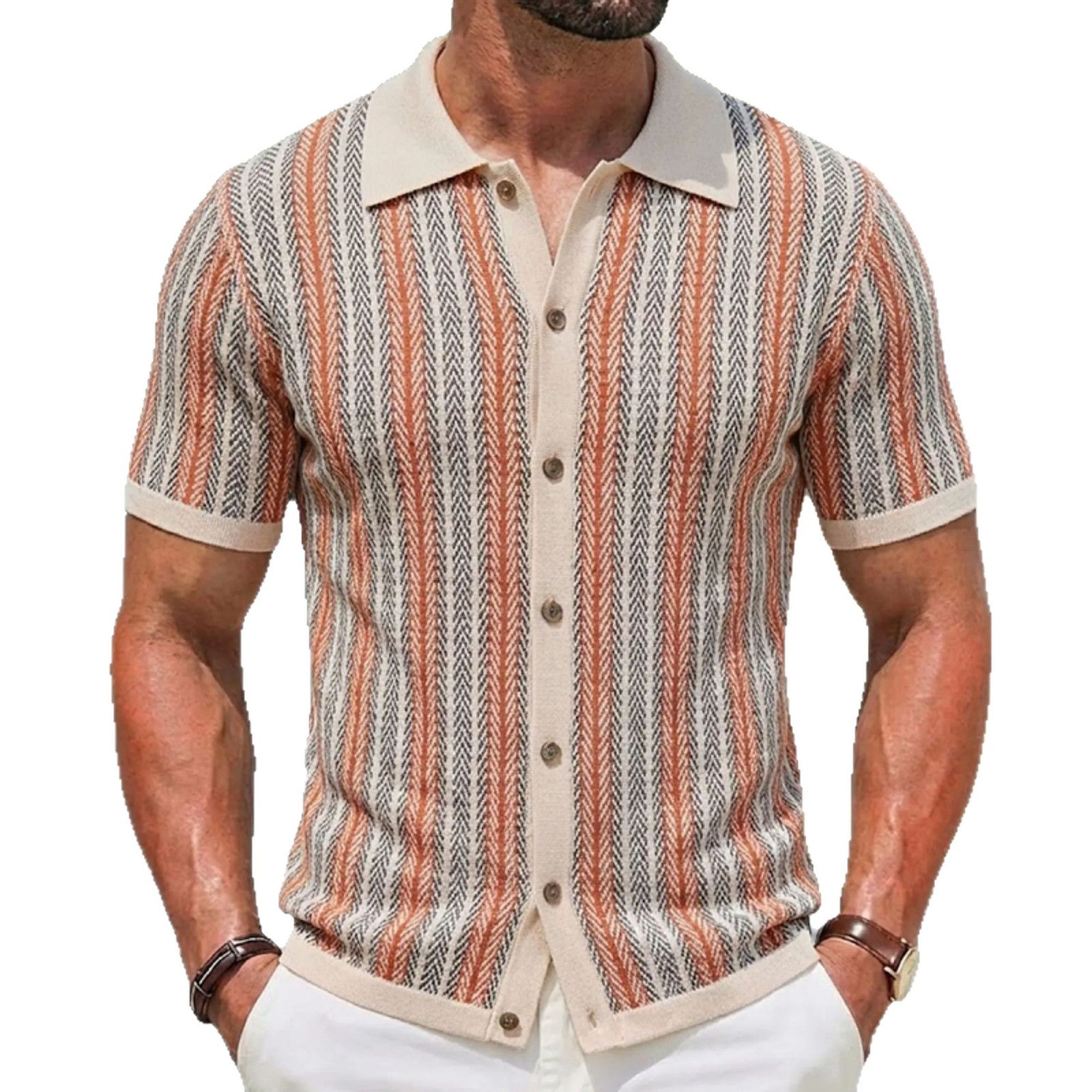 Men's Short-Sleeve Striped Knitted Cardigan Polo Shirt