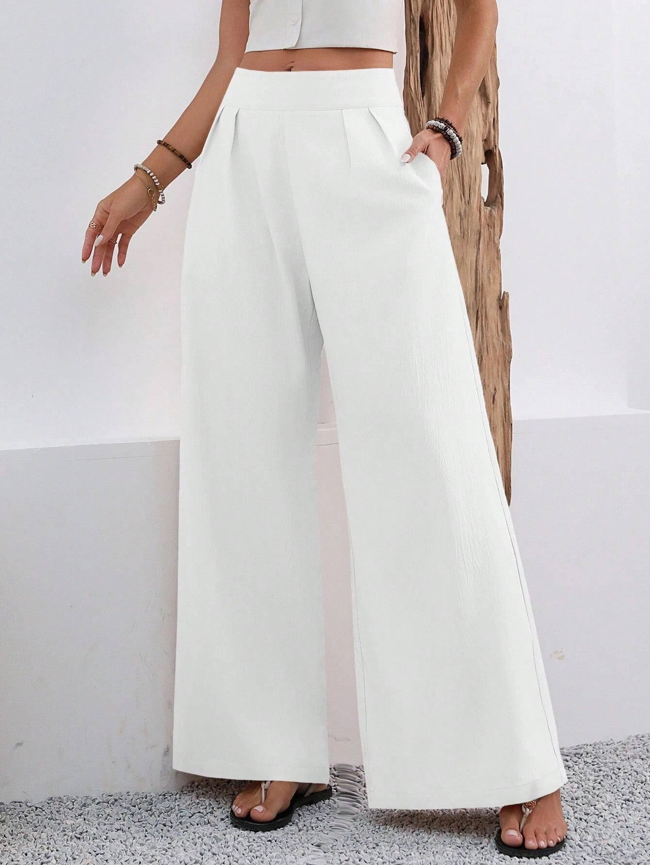 Pocketed High-waisted Wide-leg Trousers Long Pants