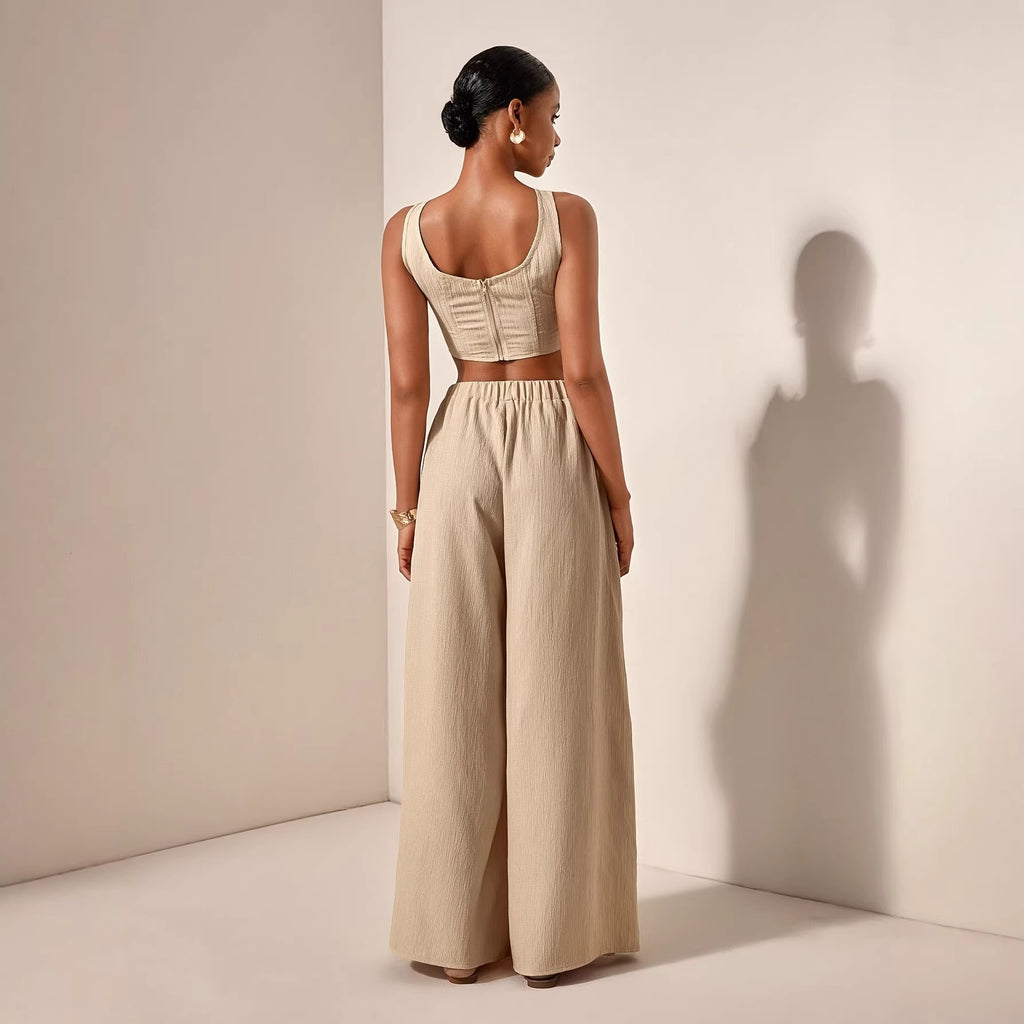 Vacation-Ready Fishbone Strap Top And Wide-Leg Pants With Pockets 2-Piece Set