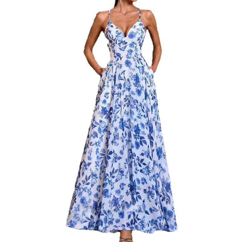Spring New Womens Printed Waist-Cinching Formal Slip Dress