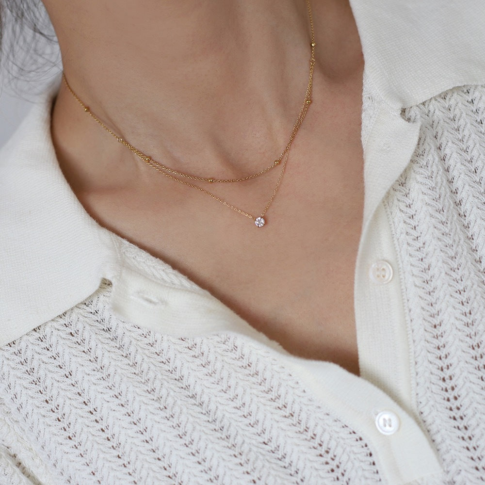 Exquisite Solitaire Double-layer Necklace With Gold Beads Perfect As A Collarbone Chain