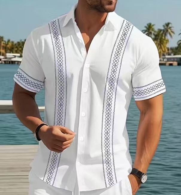 New Style Lapel Striped Short-Sleeve Shirt For Men