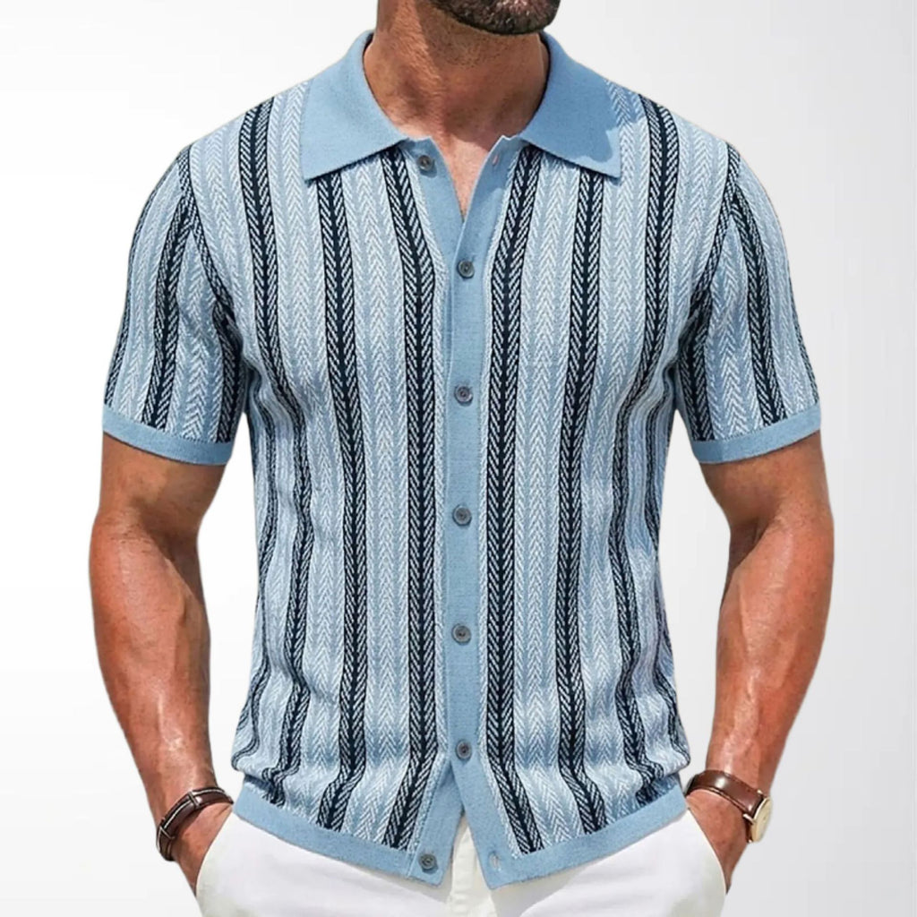 Men's Short-Sleeve Striped Knitted Cardigan Polo Shirt