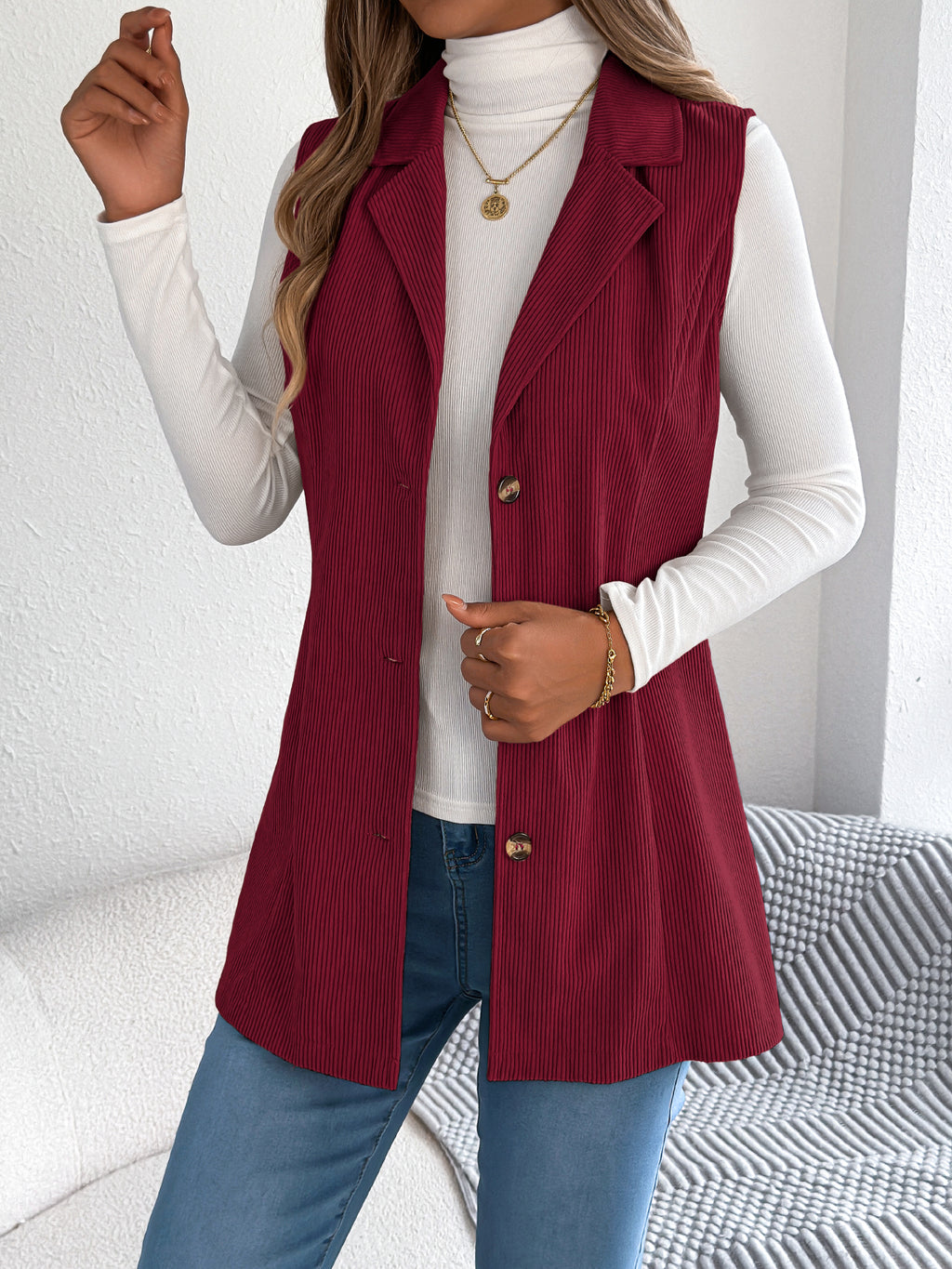 Women's Casual Blazer Lapel Corduroy Vest Jacket