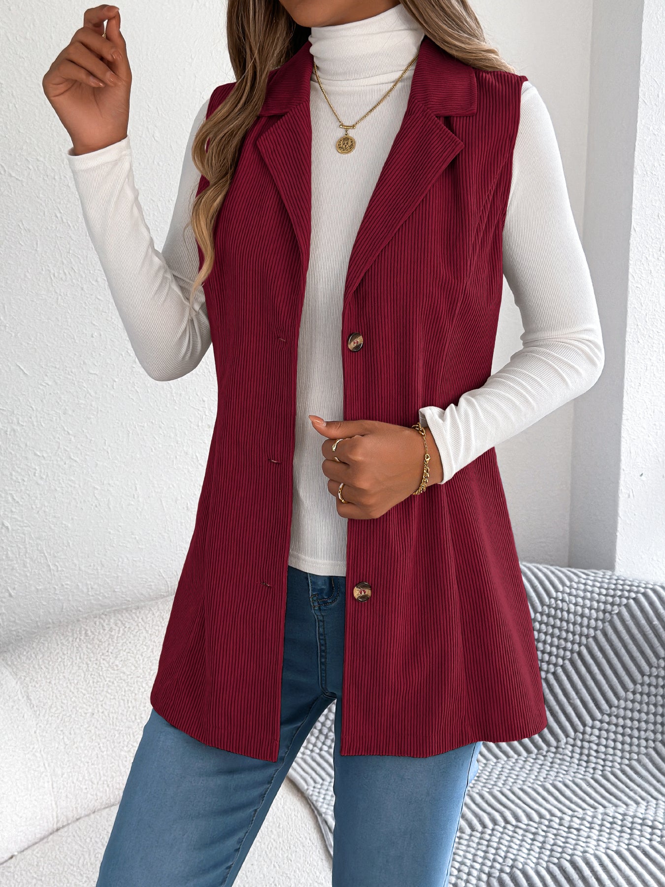 Women's Casual Blazer Lapel Corduroy Vest Jacket